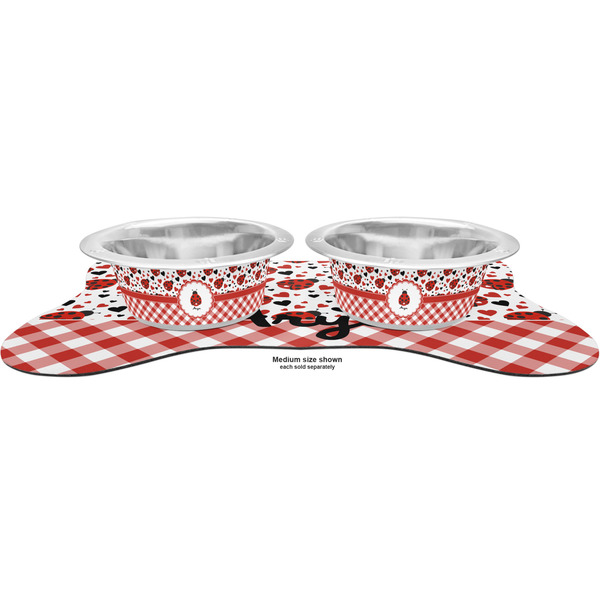 Ladybugs & Gingham Metal Pet Bowls - On Dog Bone Shaped Mat