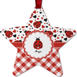 Ladybugs & Gingham Metal Star Ornament - Double Sided w/ Name or Text