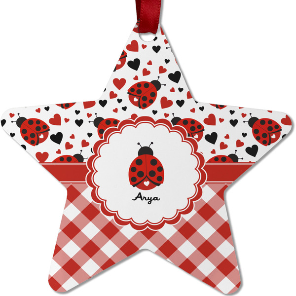 Custom Ladybugs & Gingham Metal Star Ornament - Double Sided w/ Name or Text