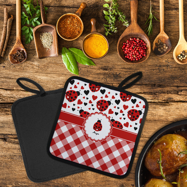 Ladybugs & Gingham Neoprene Pot Holder - Set of 2  LIFESTYLE (Flatlay)