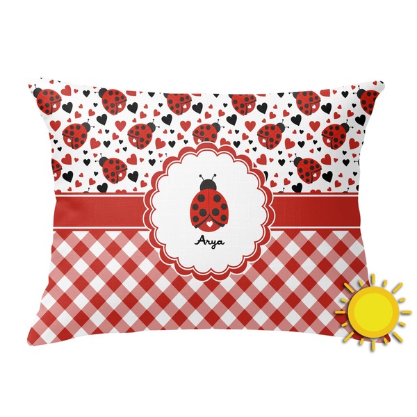 Custom Ladybugs & Gingham Outdoor Throw Pillow (Rectangular) (Personalized)
