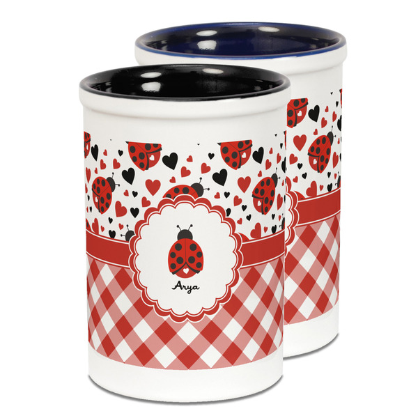 Custom Ladybugs & Gingham Ceramic Pencil Holder - Large
