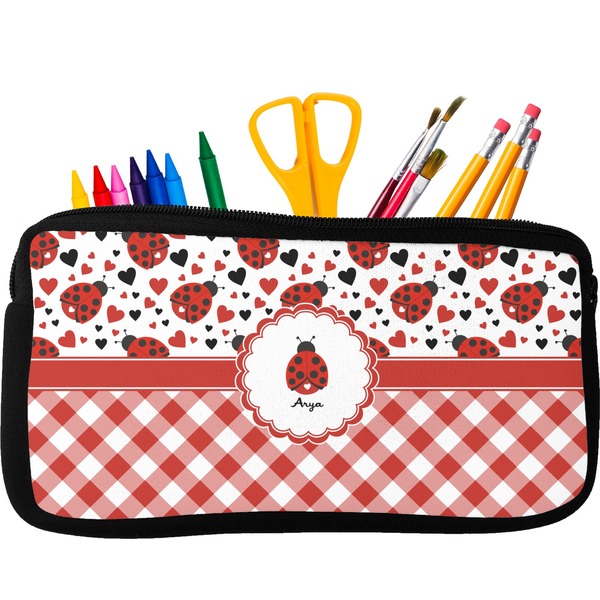 Custom Ladybugs & Gingham Neoprene Pencil Case - Small w/ Name or Text