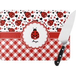 Ladybugs & Gingham Rectangular Glass Cutting Board - Large - 15.25"x11.25" w/ Name or Text