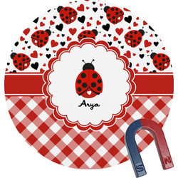 Ladybugs & Gingham Round Fridge Magnet (Personalized)