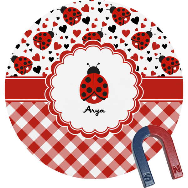 Custom Ladybugs & Gingham Round Fridge Magnet (Personalized)