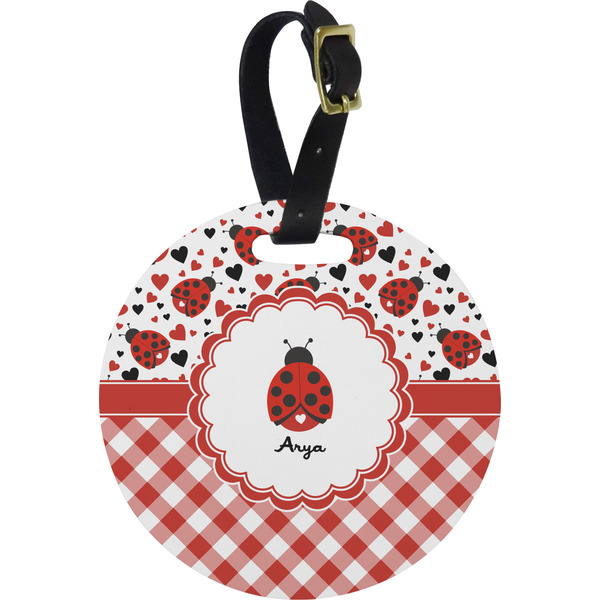 Custom Ladybugs & Gingham Plastic Luggage Tag - Round (Personalized)