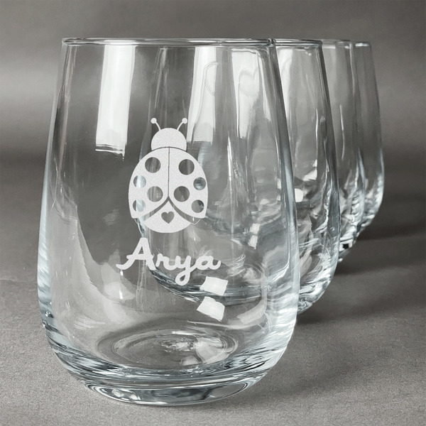 Custom Ladybugs & Gingham Stemless Wine Glasses (Set of 4) (Personalized)