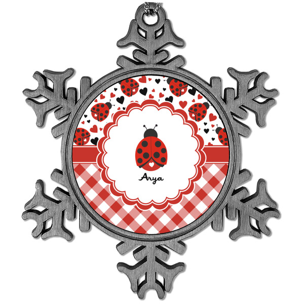 Custom Ladybugs & Gingham Vintage Snowflake Ornament (Personalized)