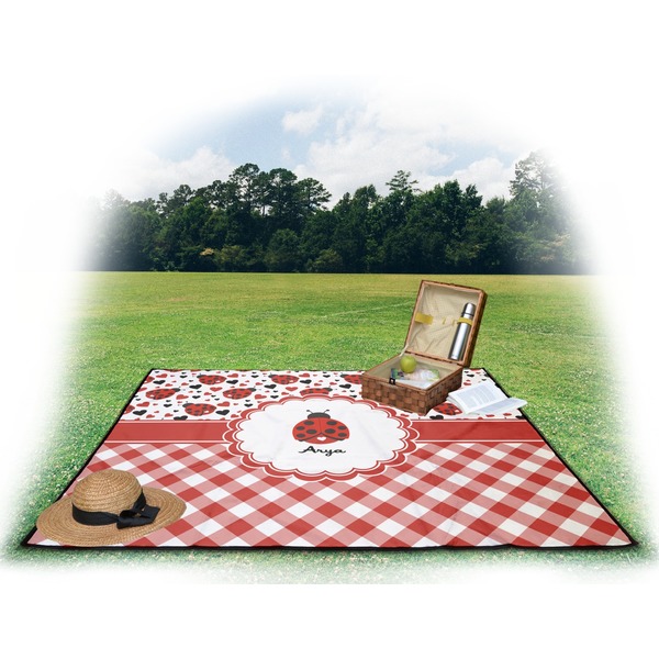 Ladybugs & Gingham Picnic Blanket - with Basket Hat and Book - in Use