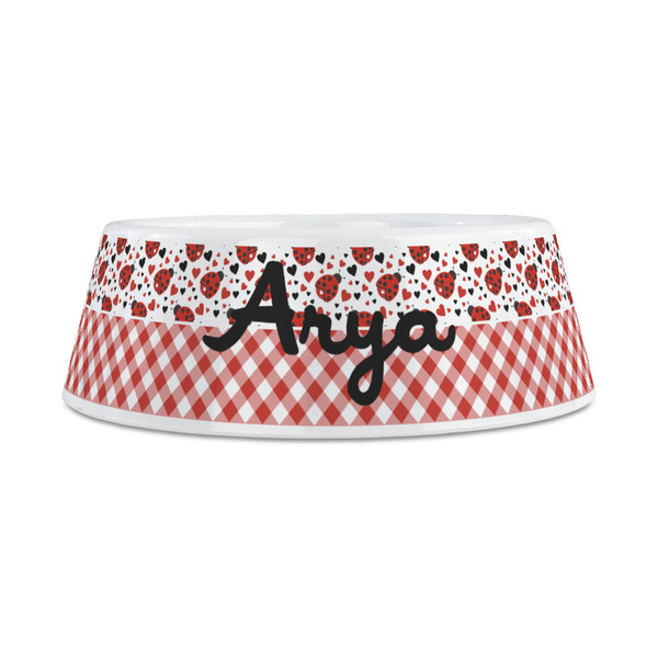 Ladybugs & Gingham Plastic Dog Bowls - Medium - FRONT
