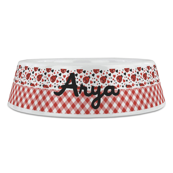 Ladybugs & Gingham Plastic Pet Bowls - Large - FRONT