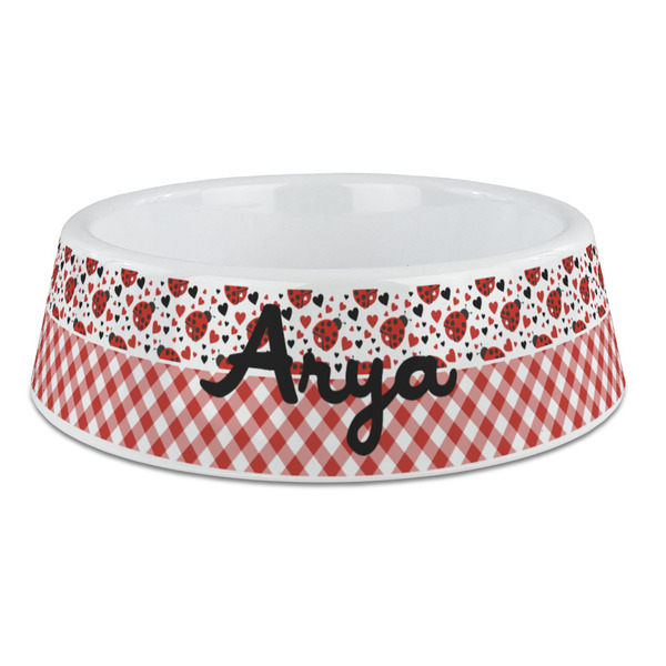 Custom Ladybugs & Gingham Plastic Dog Bowl - Large (Personalized)