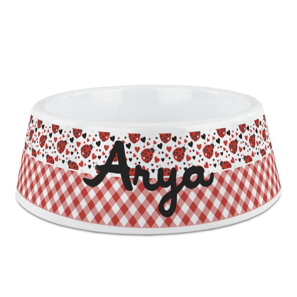 Custom Ladybugs & Gingham Plastic Dog Bowl (Personalized)