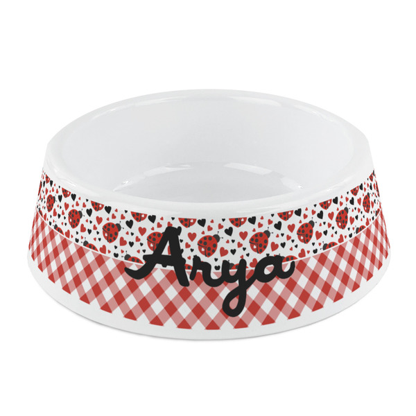Custom Ladybugs & Gingham Plastic Dog Bowl - Small (Personalized)