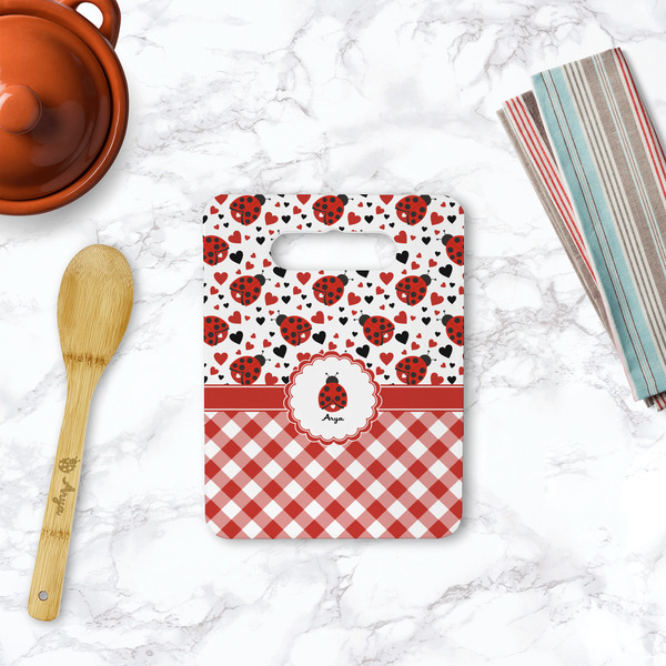 Ladybugs & Gingham Rectangle Trivet with Handle - LIFESTYLE