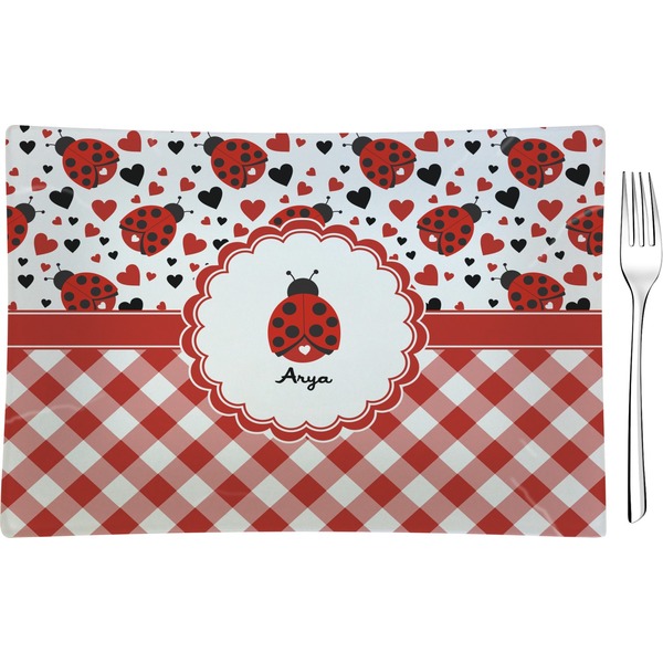 Custom Ladybugs & Gingham Rectangular Glass Appetizer / Dessert Plate - Single or Set (Personalized)