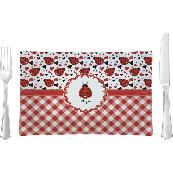 Custom Ladybugs & Gingham Rectangular Glass Lunch / Dinner Plate - Single or Set (Personalized)