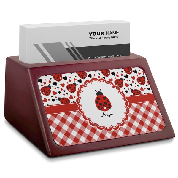 Custom Ladybugs & Gingham Red Mahogany Business Card Holder (Personalized)