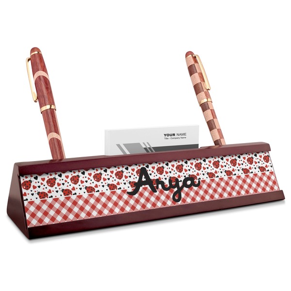 Custom Ladybugs & Gingham Red Mahogany Nameplate with Business Card Holder (Personalized)