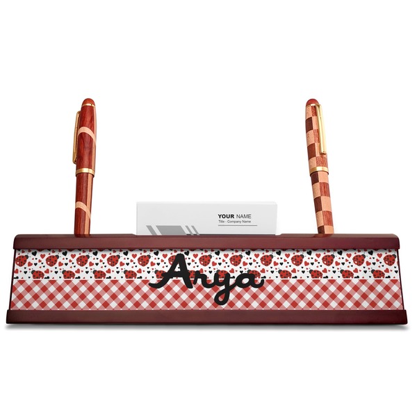 Ladybugs & Gingham Red Mahogany Nameplates with Business Card Holder - Straight