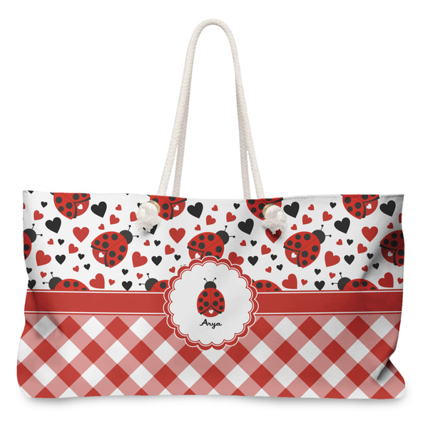 Custom Ladybugs & Gingham Large Tote Bag with Rope Handles (Personalized)