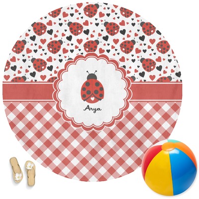 Custom Ladybugs & Gingham Round Beach Towel (Personalized)