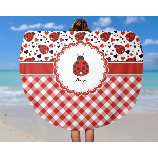 Ladybugs & Gingham Round Beach Towel - In Use