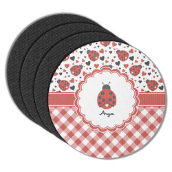 Ladybugs & Gingham Round Rubber Backed Coasters - Set of 4 (Personalized)