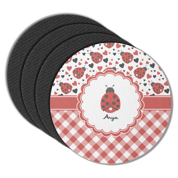 Custom Ladybugs & Gingham Round Rubber Backed Coasters - Set of 4 (Personalized)