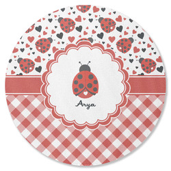 Ladybugs & Gingham Round Rubber Backed Coaster (Personalized)