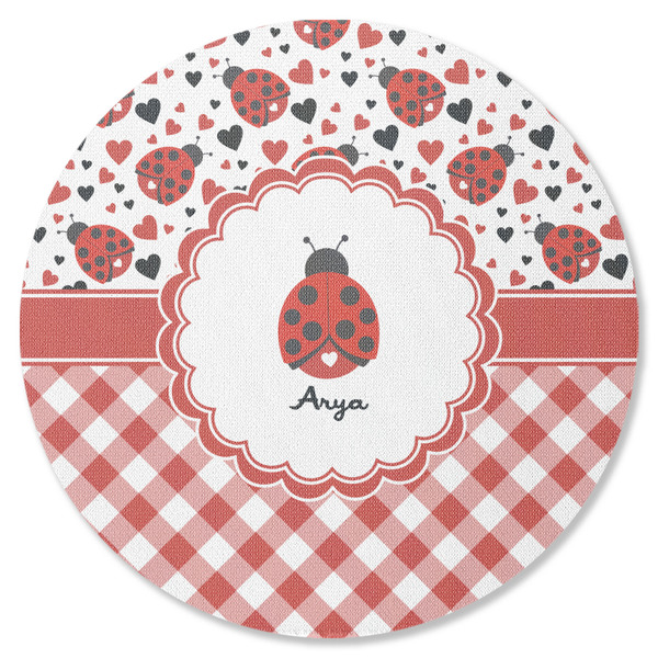Custom Ladybugs & Gingham Round Rubber Backed Coaster (Personalized)