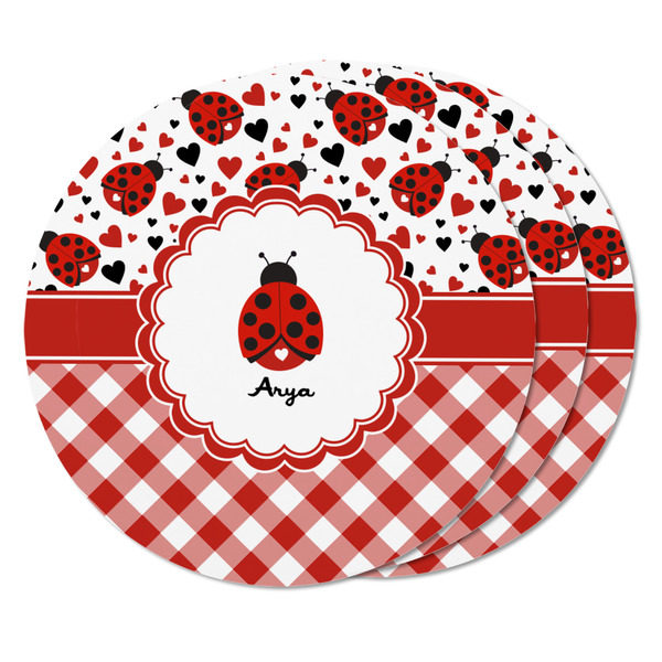 Ladybugs & Gingham Round Fridge Magnet - THREE