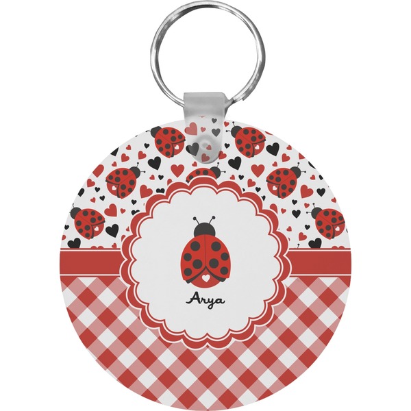 Custom Ladybugs & Gingham Round Plastic Keychain (Personalized)