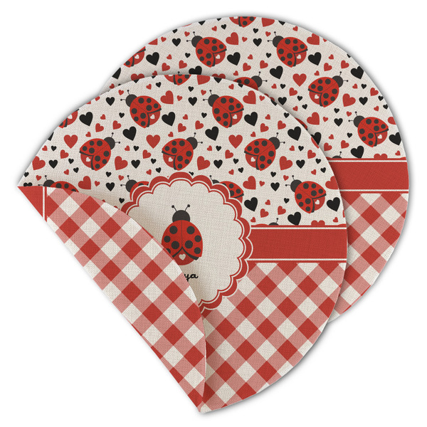 Custom Ladybugs & Gingham Round Linen Placemat - Double Sided (Personalized)