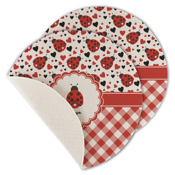 Custom Ladybugs & Gingham Round Linen Placemat - Single Sided - Set of 4 (Personalized)