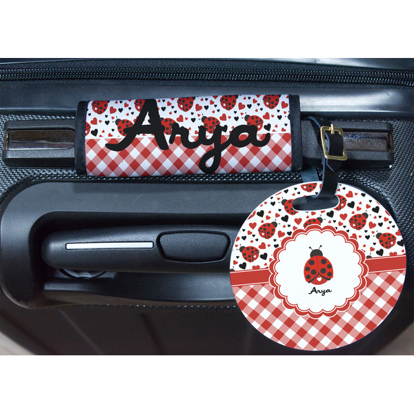 Ladybugs & Gingham Round Luggage Tag & Handle Wrap - In Context