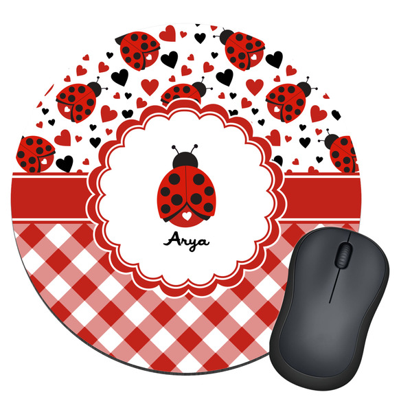 Custom Ladybugs & Gingham Round Mouse Pad (Personalized)