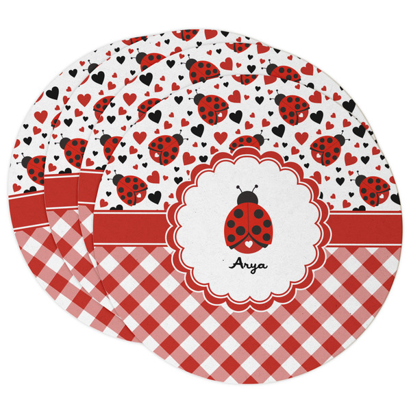 Custom Ladybugs & Gingham Round Paper Coasters w/ Name or Text