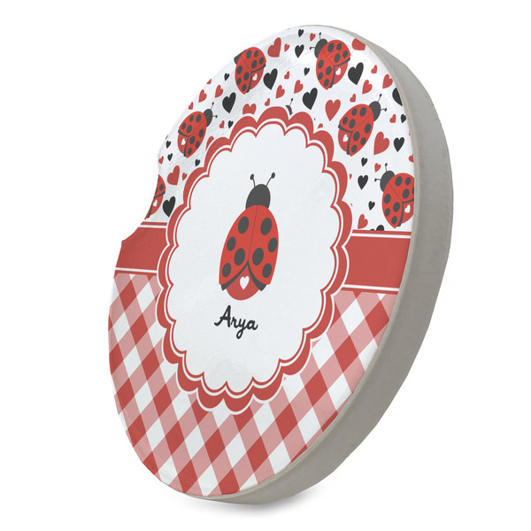Ladybugs & Gingham Sandstone Car Coaster - STANDING ANGLE