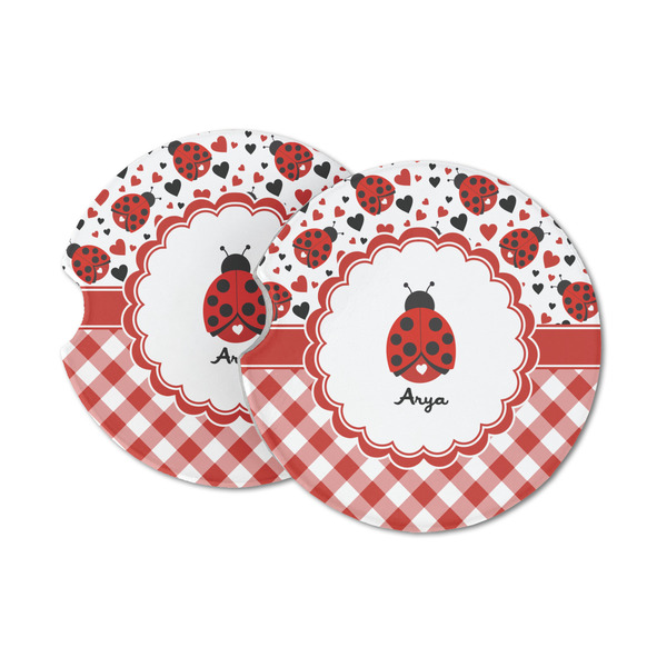 Custom Ladybugs & Gingham Sandstone Car Coasters - Set of 2 (Personalized)