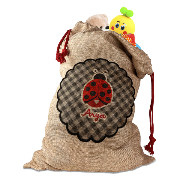 Ladybugs & Gingham Santa Bag - Front (stuffed w toys) PARENT