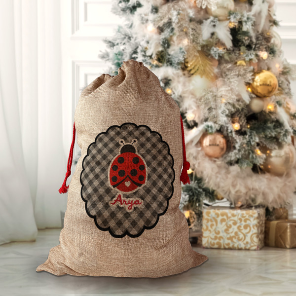 Ladybugs & Gingham Santa Bag - Front (stuffed)