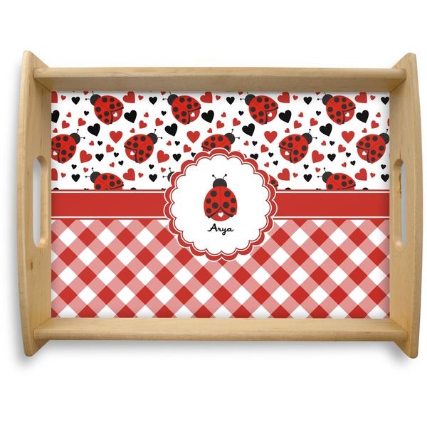 Custom Ladybugs & Gingham Natural Wooden Tray - Large (Personalized)