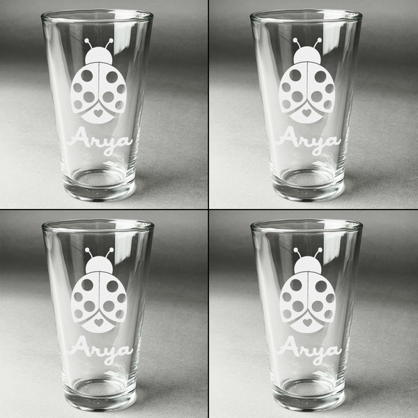 Ladybugs & Gingham Set of Four Engraved Beer Glasses - Individual View