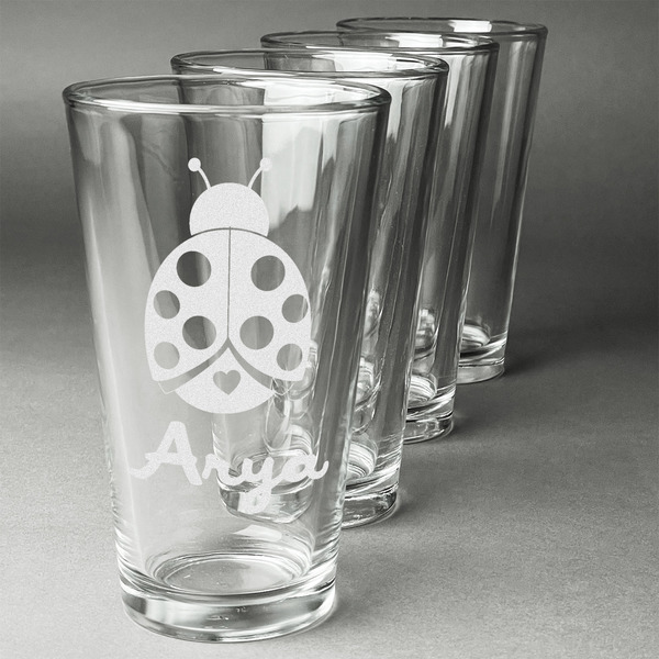 Custom Ladybugs & Gingham Pint Glasses - Engraved (Set of 4) (Personalized)
