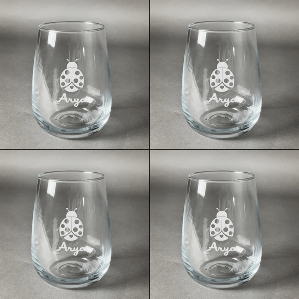Ladybugs & Gingham Set of Four Personalized Stemless Wineglasses (Approval)