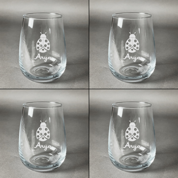 Ladybugs & Gingham Set of Four Personalized Stemless Wineglasses (Approval)