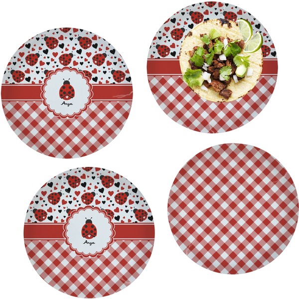 Custom Ladybugs & Gingham Set of 4 Glass Lunch / Dinner Plate 10" (Personalized)