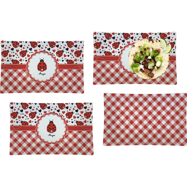 Custom Ladybugs & Gingham Set of 4 Glass Rectangular Lunch / Dinner Plate (Personalized)